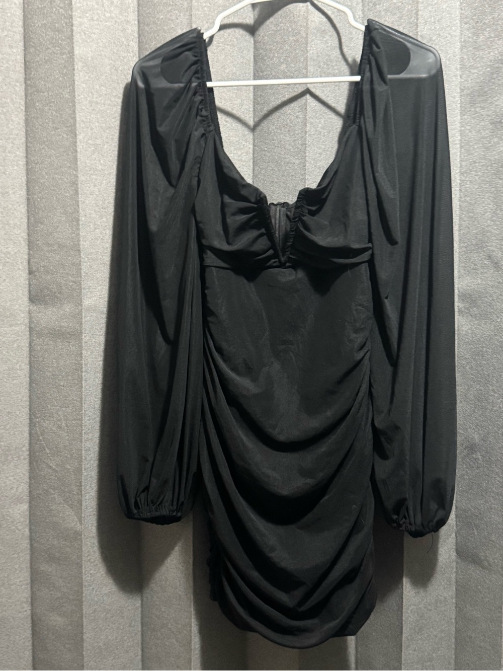 Black Long-Sleeve Ruched Mini Dress